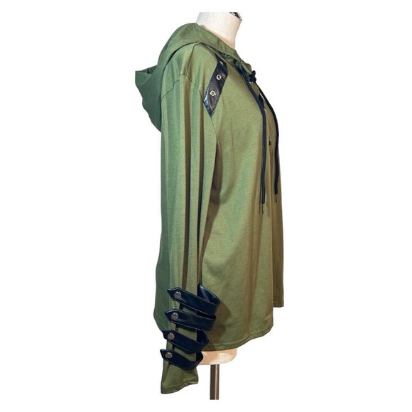 Mens Lace Up Hooded Shirt Green Faux Black Leather Size L Cosplay Medieval - Picture 3 of 7